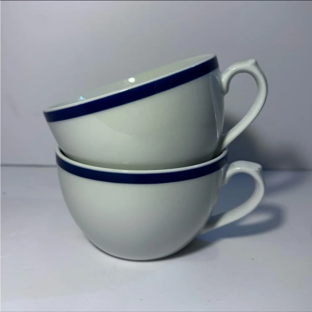 Set of 2 | White Ceramic Williams Sonoma Brasserie Blue Flat Mugs Tea Cups - Picture 1 of 12